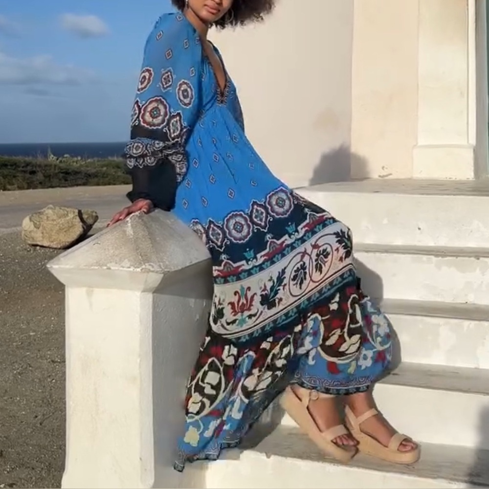 Farm Rio Anika Tiles Blue Maxi Dress in Blue
